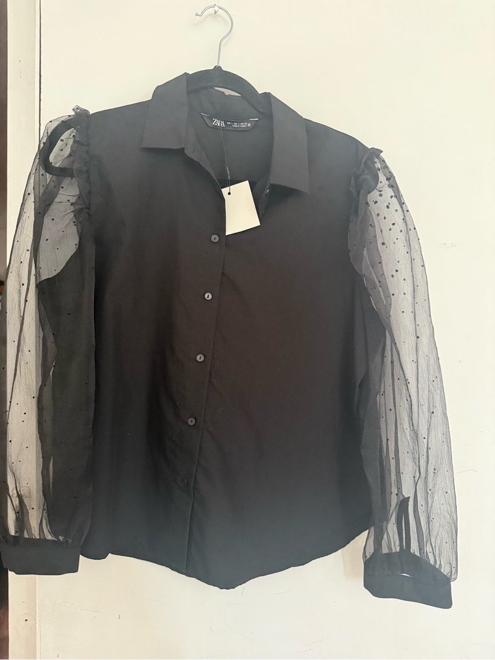 Zara Black Button-Up Shirt Jacket with Sheer Dotted Sleeves